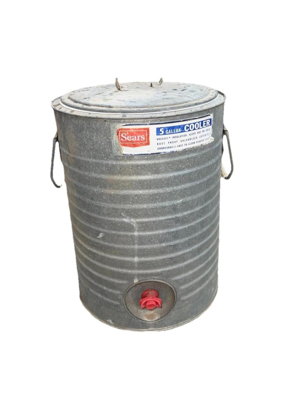 RARE SEARS VTG Cooler Water Galvanized Metal Jug 5 Gallon Vacucel Insulation